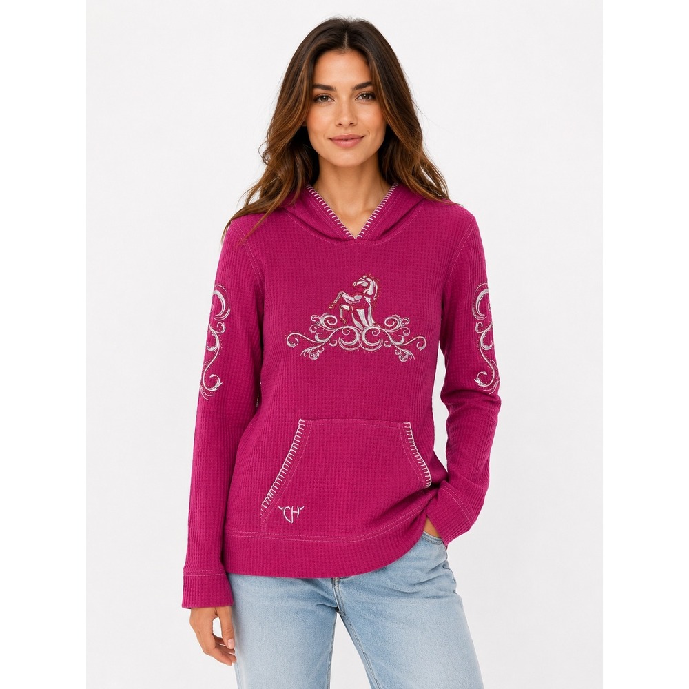 Cowgirl Hardware Hoodie Women Large Pink Embroidered Horse Waffle Knit‎ Western
